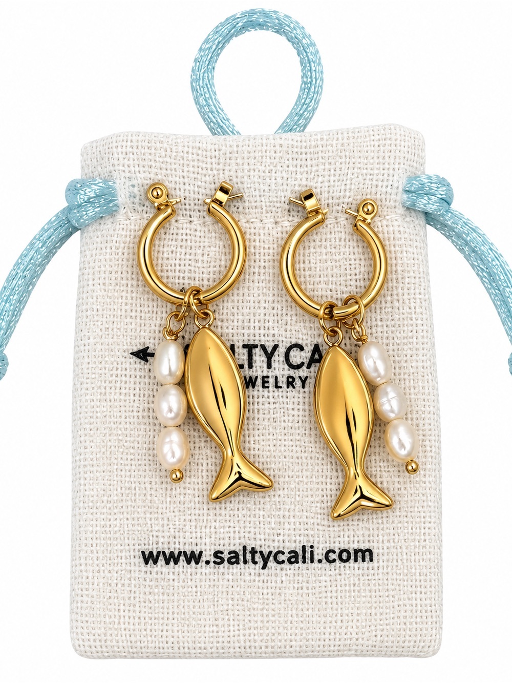 Gold Fish Hoop Earrings with Pearl Accents - Gold